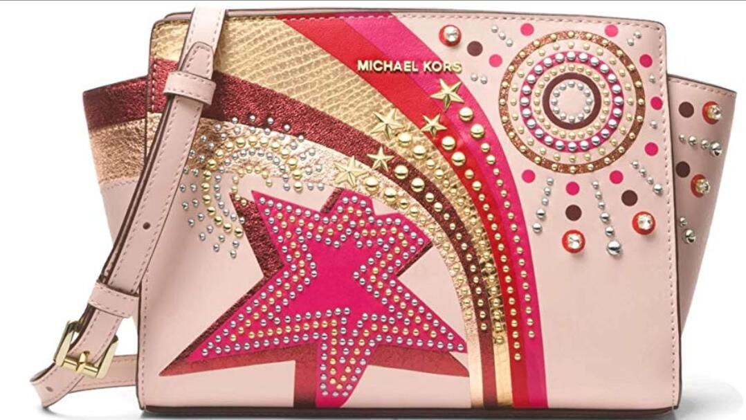 NEW MICHAEL Michael Kors Selma Embellished Leather Messenger Bag Soft Pink